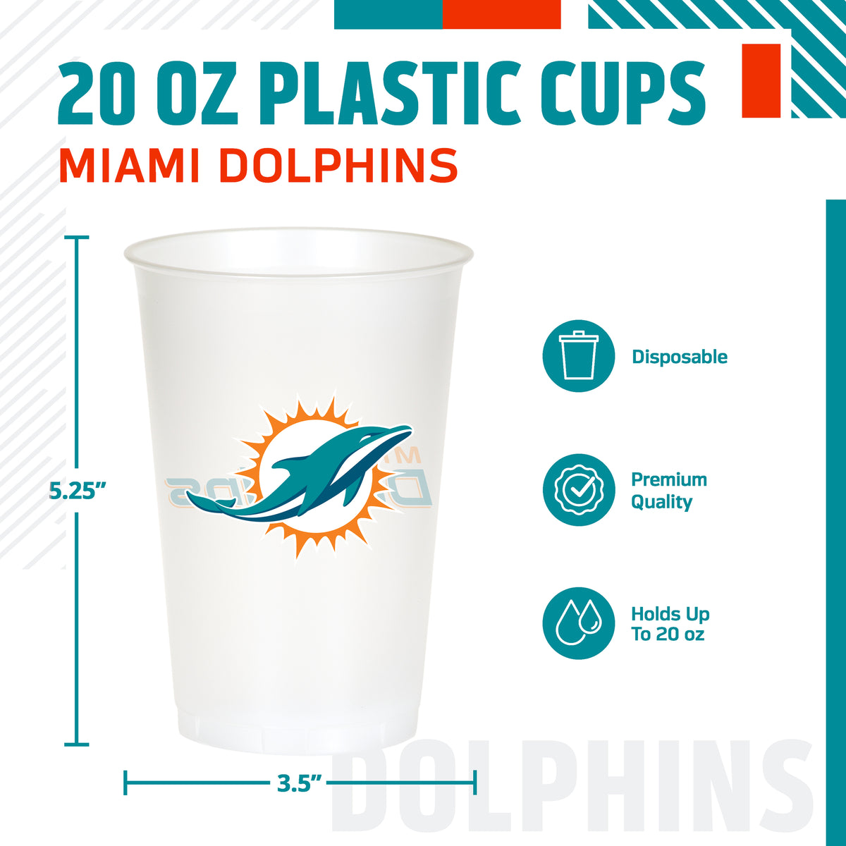 Officially Licensed Miami Dolphins NFL Football 20 oz Plastic Cups 96 ct Bulk