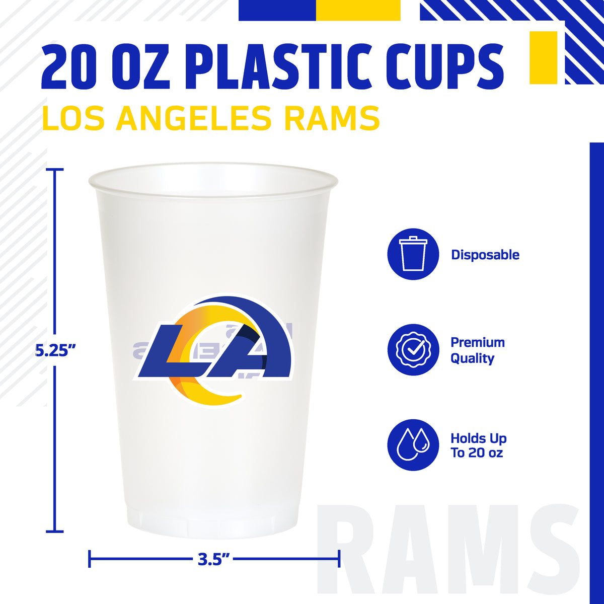 Officially Licensed Los Angeles Rams NFL Football 20 oz Plastic Cups 96 ct Bulk