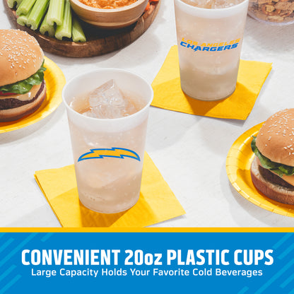 Los Angeles Chargers cups on a table with matching napkins and plates surrounded by food. "Convenient 20oz Plastic Cups" text is featured along the bottom.