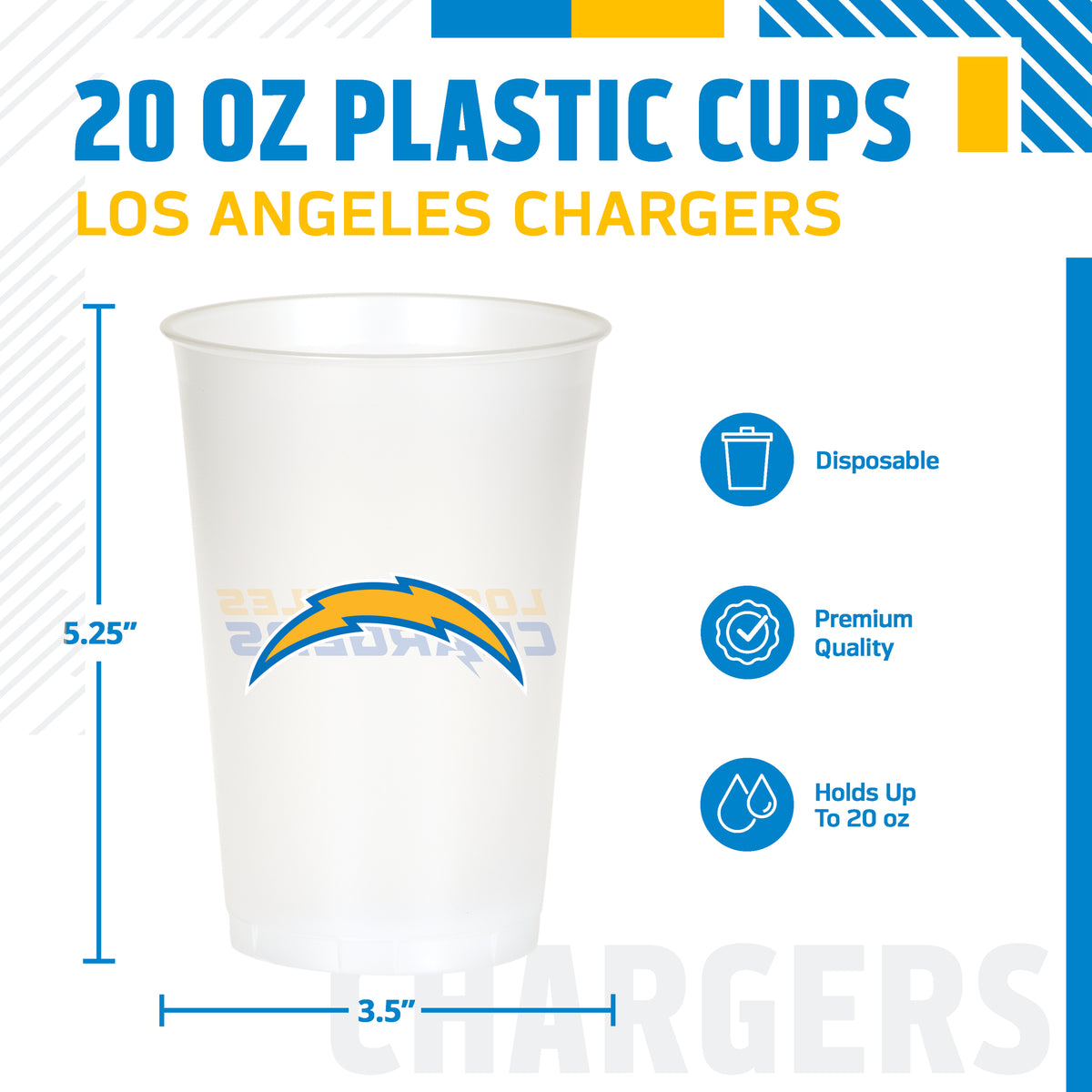 Los Angeles Chargers themed 20oz cup featuring a Chargers logo with 'LOS ANGELES CHARGERS' text on the back. The image includes product specifications and feature icons on a white background.