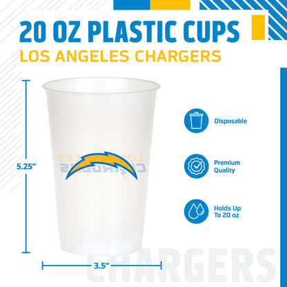 Los Angeles Chargers themed 20oz cup featuring a Chargers logo with 'LOS ANGELES CHARGERS' text on the back. The image includes product specifications and feature icons on a white background.