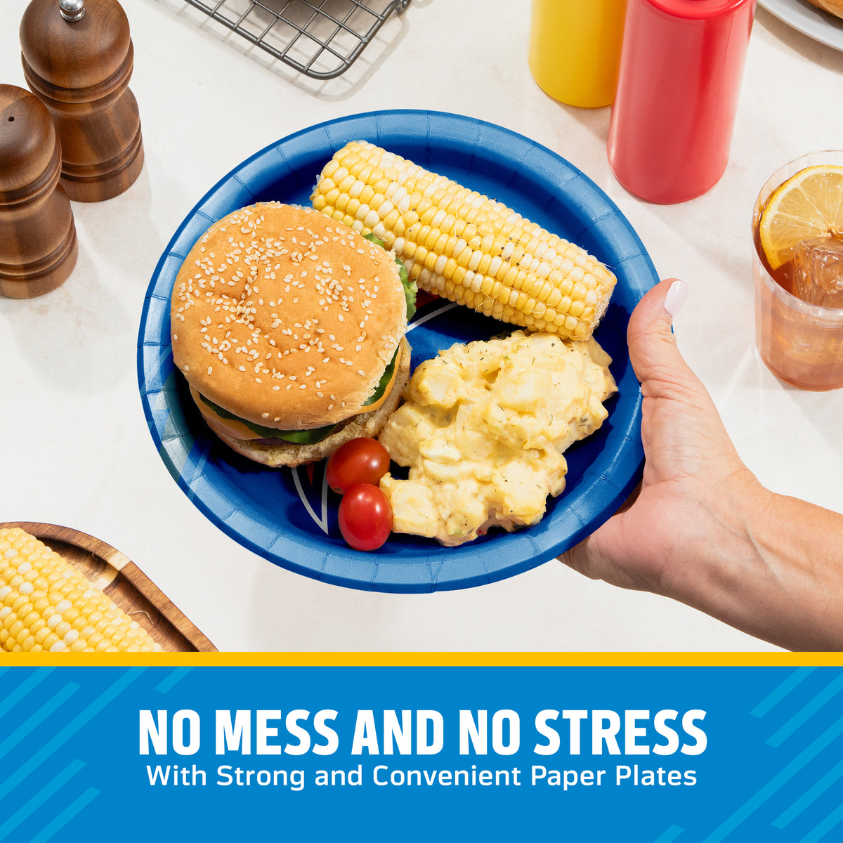 Hand holding a Los Angeles Chargers plate filled with a hamburger, corn on the cob, and potato salad. Banner with "No Mess and No Stress" text along the bottom