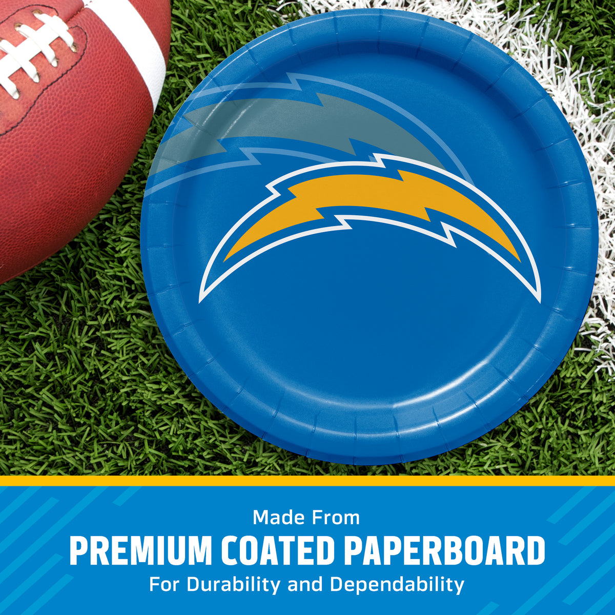 Los Angeles Chargers themed paper plate on a green turf background next to a football, with a text banner at the bottom reading 'Made from PREMIUM COATED PAPERBOARD'.