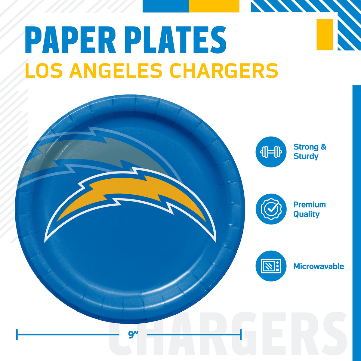 Los Angeles Chargers themed paper plates, featuring a 9-inch round plate with a blue background and the Chargers logo. The image includes product specifications and feature icons on a white background.