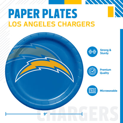 Los Angeles Chargers themed paper plates, featuring a 9-inch round plate with a blue background and the Chargers logo. The image includes product specifications and feature icons on a white background.