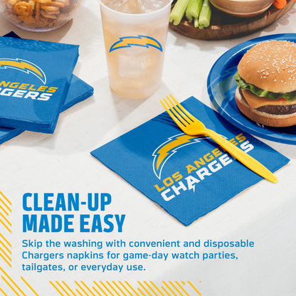 Los Angeles Chargers napkins and cups on a table with food and cup. Banner with "Clean-Up Made Easy" text along the bottom
