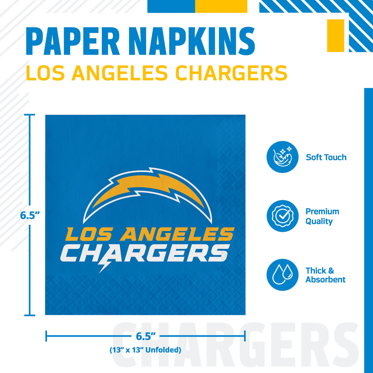 Los Angeles Chargers paper napkins shown in a product graphic with dimensions and feature callouts. The napkin is blue with the Chargers logo and the words 'LOS ANGELES CHARGERS' printed on it.