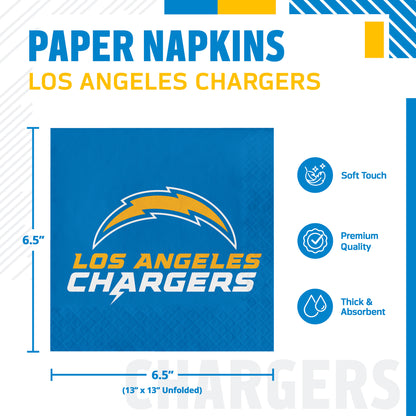 Los Angeles Chargers paper napkins shown in a product graphic with dimensions and feature callouts. The napkin is blue with the Chargers logo and the words 'LOS ANGELES CHARGERS' printed on it.