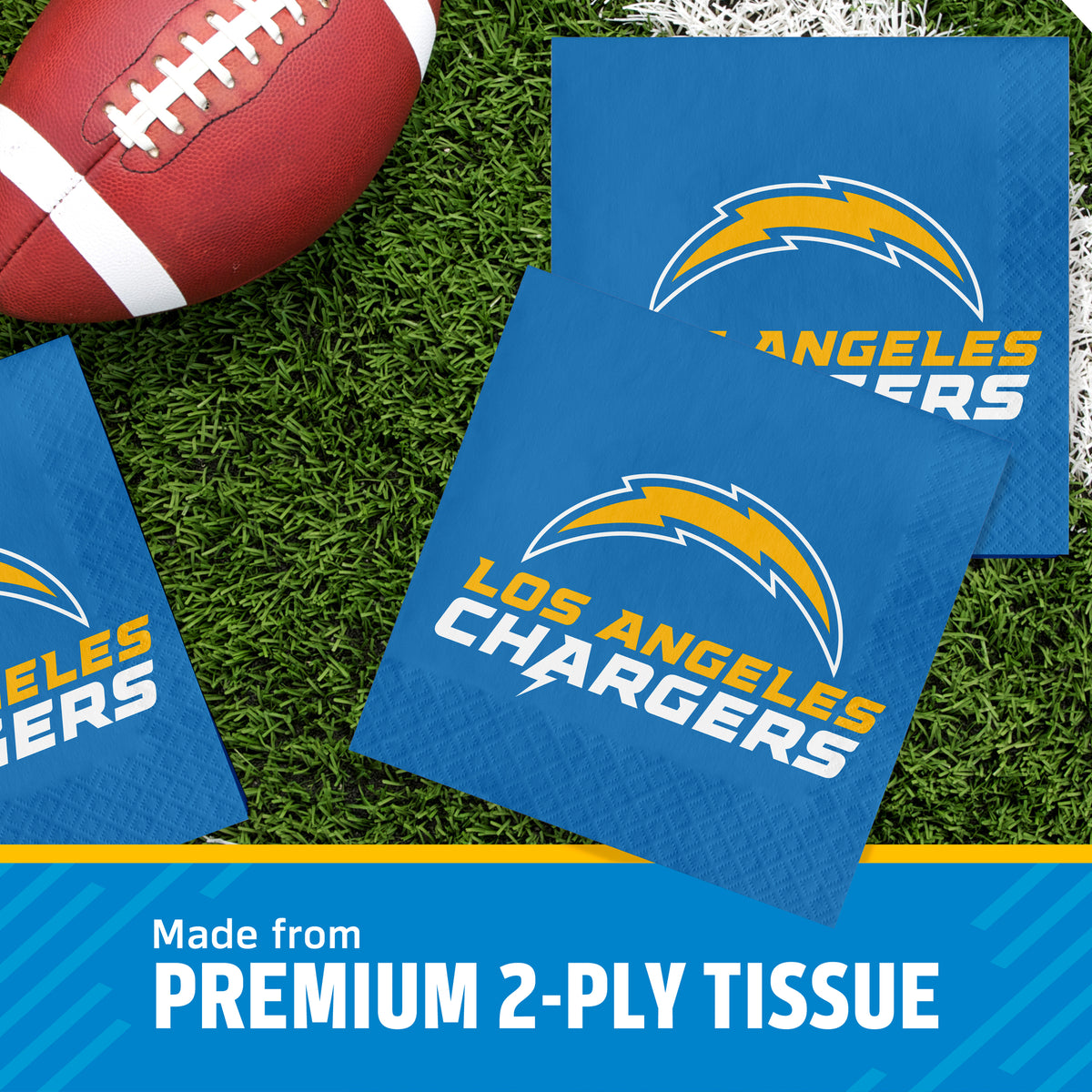 Three Los Angeles Chargers themed square napkins on a green turf background next to a football, with a text banner at the bottom reading 'Made from PREMIUM 2-PLY TISSUE'.
