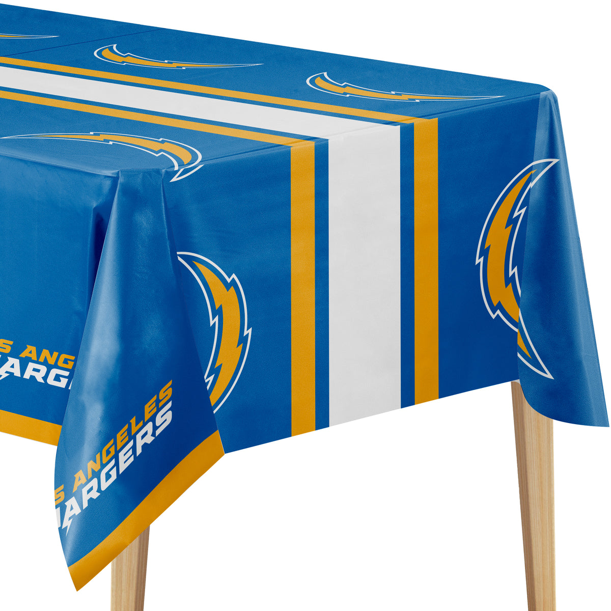 Close-up image of Los Angeles Chargers tablecloth with blue background, yellow Chargers logo, and "LOS ANGELES CHARGERS" text on a wooden table.