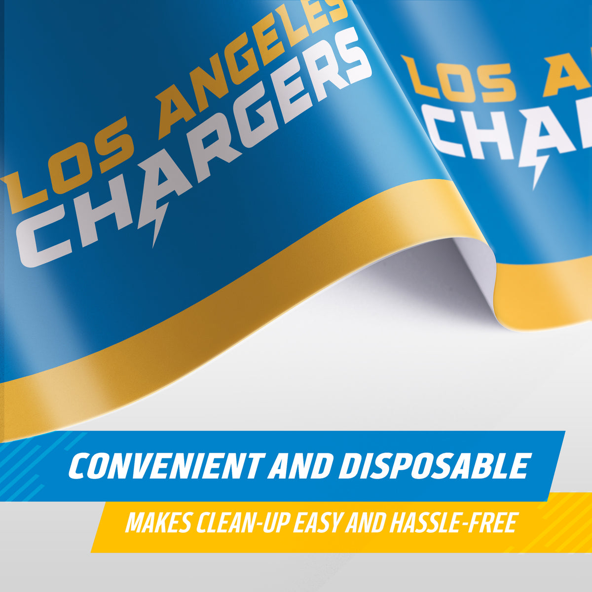 A close-up of a blue and yellow Chargers tablecloth with bold white and yellow lettering with 'LOS ANGELES CHARGERS' on a blue background, shown with text overlays reading 'CONVENIENT AND DISPOSABLE' and 'MAKES CLEAN-UP EASY AND HASSLE-FREE'.