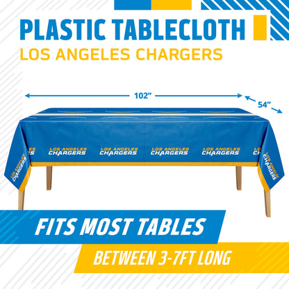 Los Angeles Chargers plastic tablecloth shown on a table with product dimensions and "Fits Most Tables Between 3-7ft Long" text