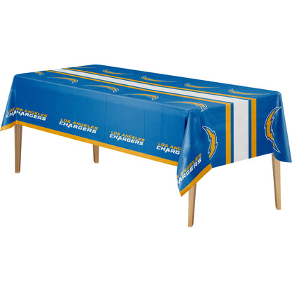 Los Angeles Chargers tablecloth with blue background, yellow Chargers logo, and "LOS ANGELES CHARGERS" text on a wooden table