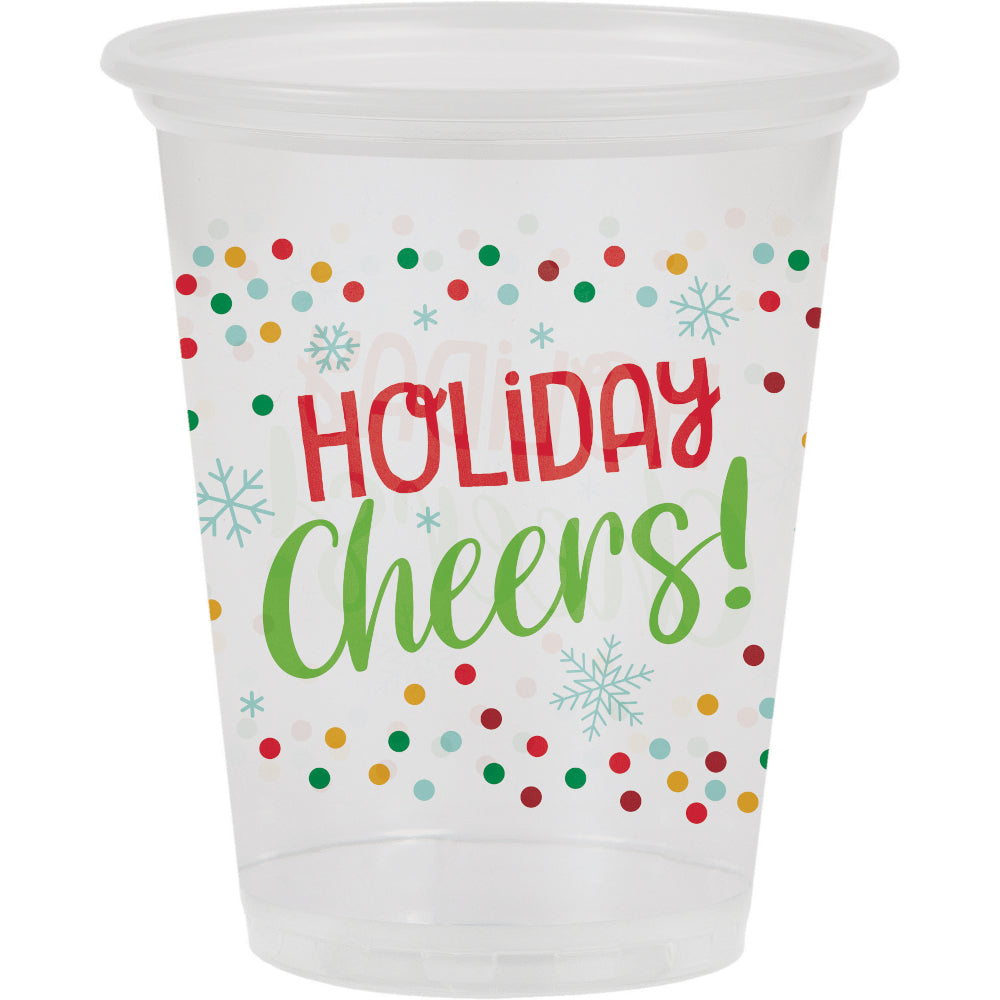 16 oz plastic cup with 'Holiday Cheers', snowflakes and multicolor polka dots.