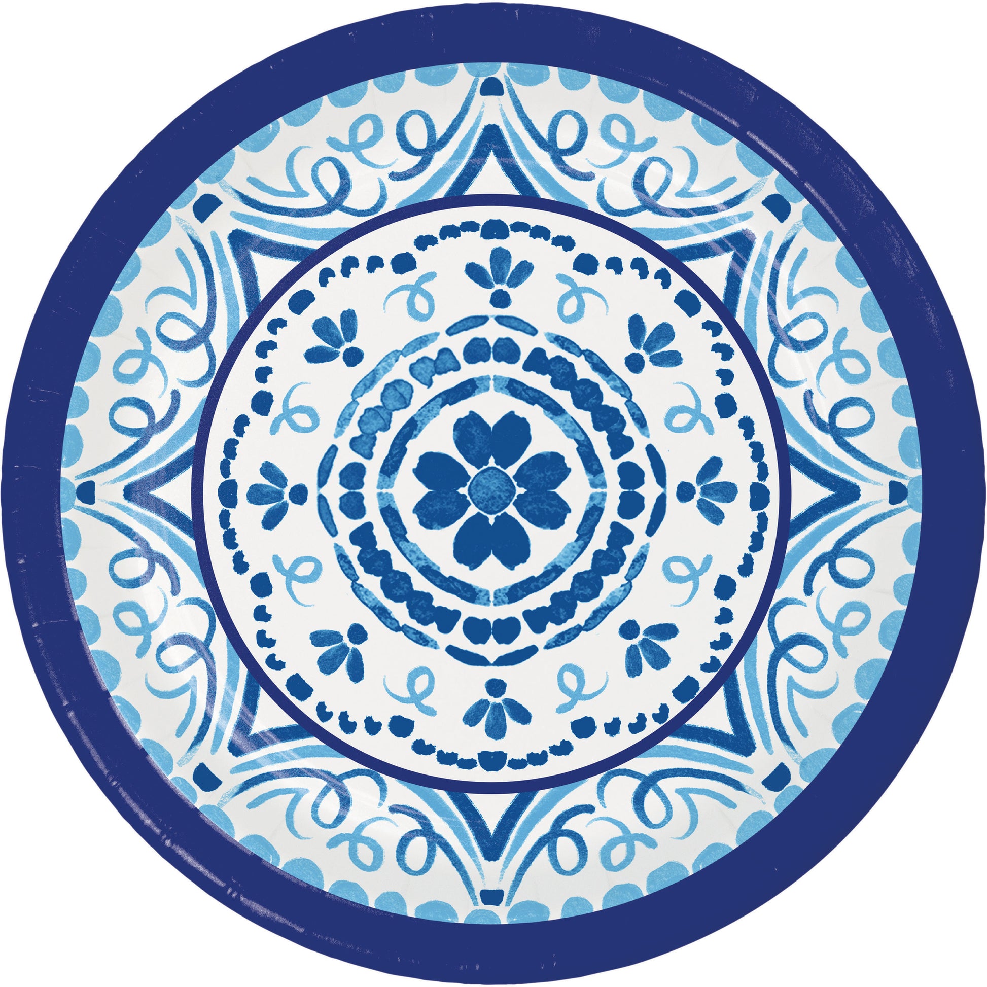 Decorative paper plate with blue and white decorative pattern