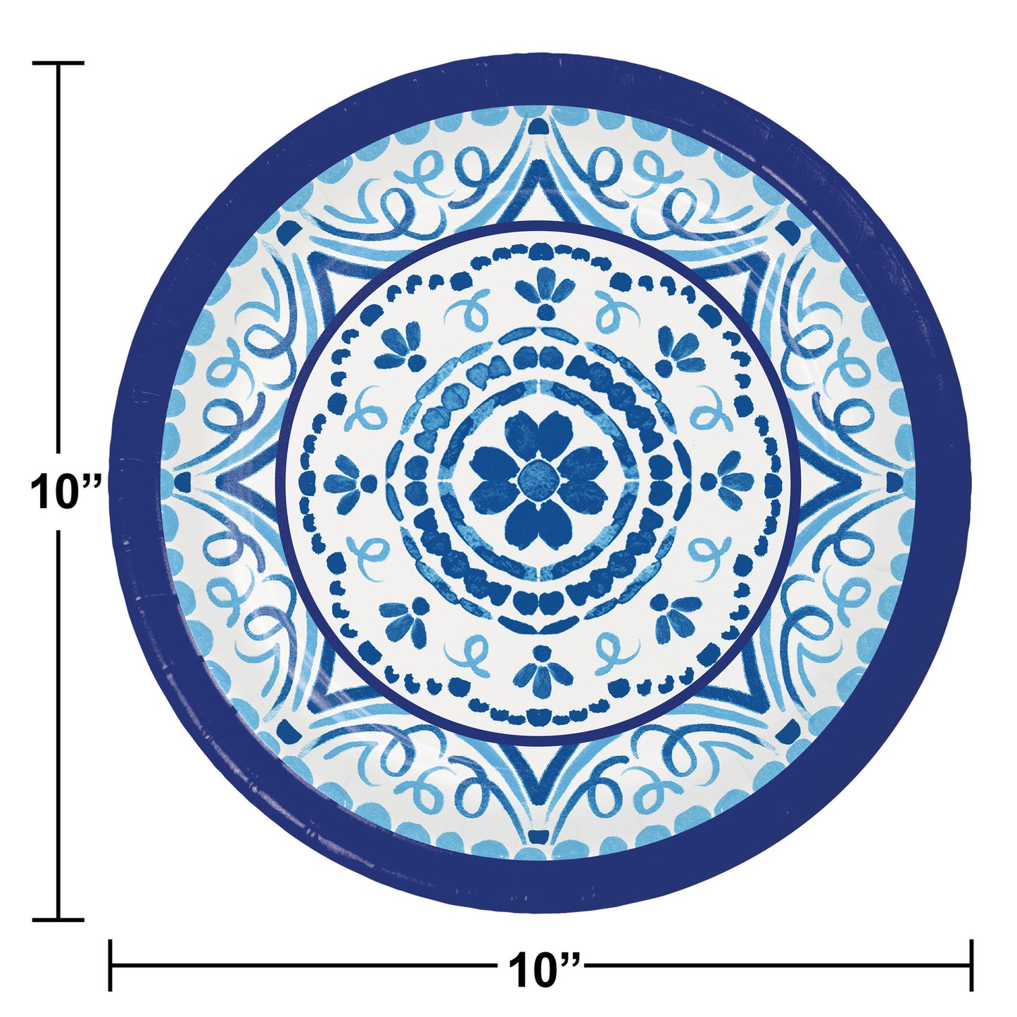 Decorative paper plate with blue and white decorative pattern on a white background. Dimensions included.
