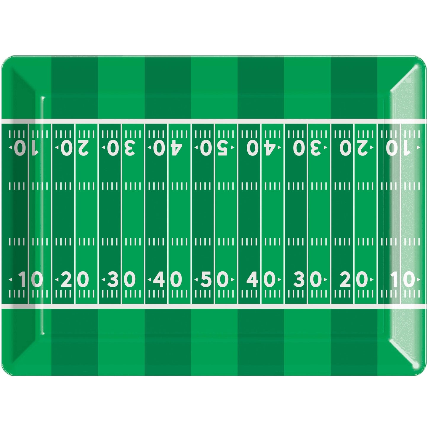 Football Field Serving Tray 12 ct. Green plastic tray with a white football field design on a white background
