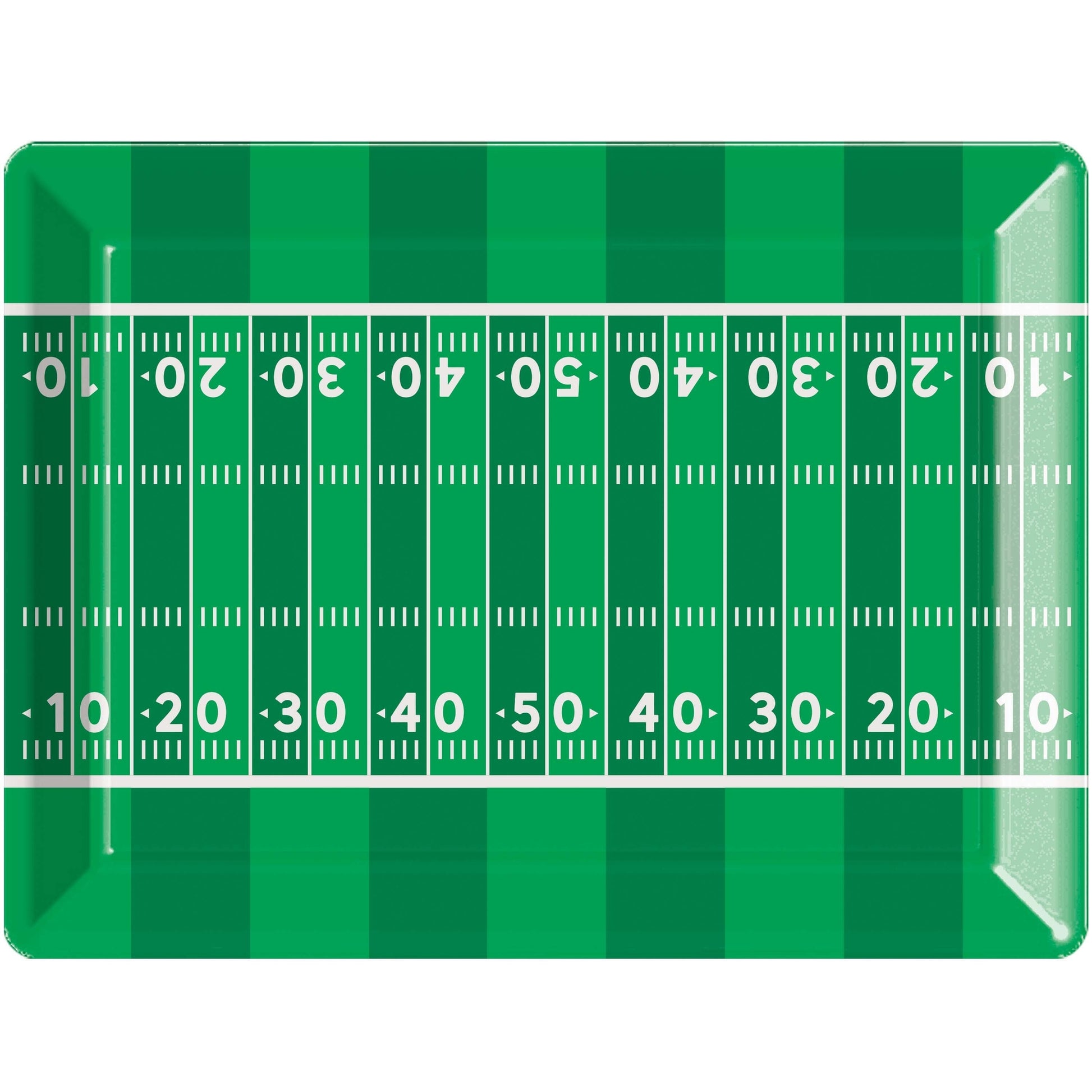 Football Field Serving Tray 12 ct. Green plastic tray with a white football field design on a white background