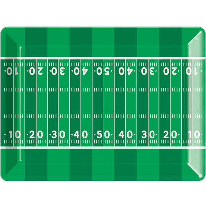 Football Field Serving Tray 12 ct. Green plastic tray with a white football field design on a white background