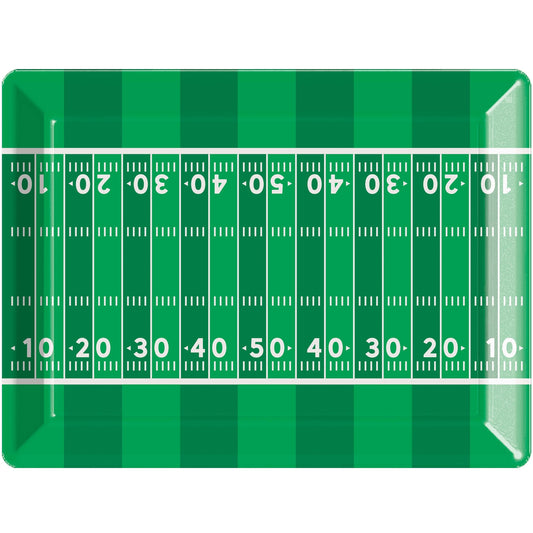 Football Field Serving Tray 12 ct. Green plastic tray with a white football field design on a white background