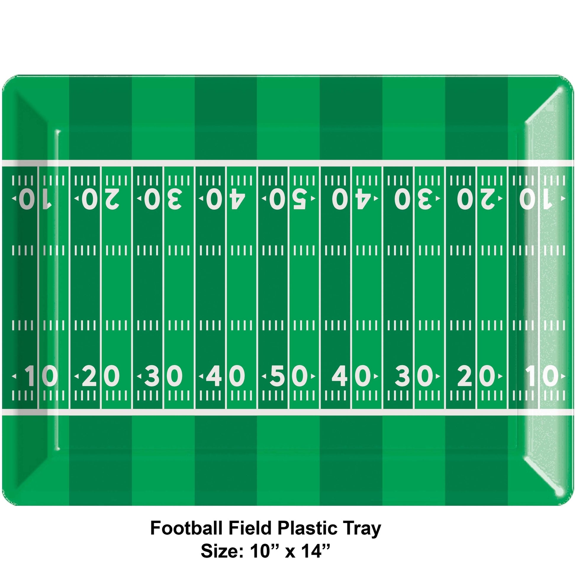 Football Field Serving Tray 12 ct. Green plastic tray with a white football field design on a white background. Dimensions displayed