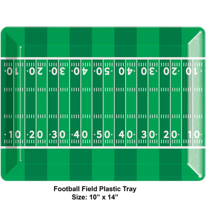 Football Field Serving Tray 12 ct. Green plastic tray with a white football field design on a white background. Dimensions displayed