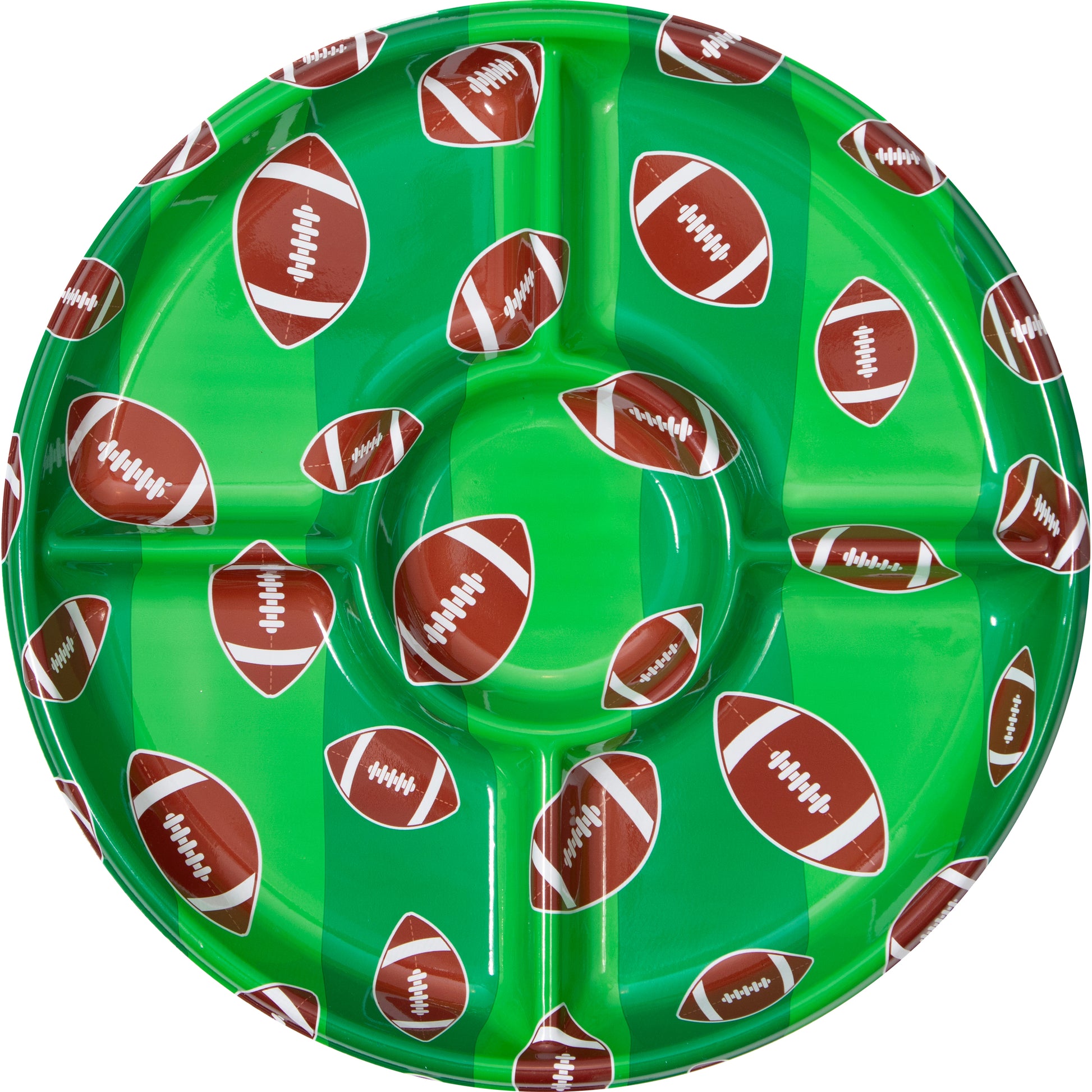 Football Super Bowl Party Serving Tray 6 ct. Green divided plastic tray with football pattern on a white background