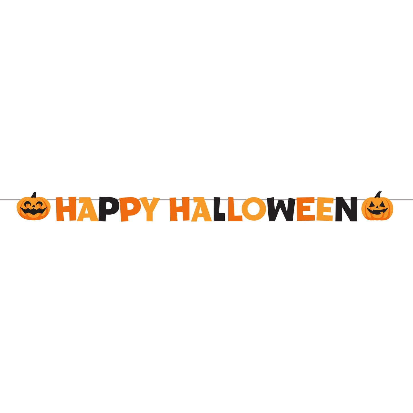 Happy Halloween Decorative Banners 12 ct. Halloween-themed banner with 'Happy Halloween' text and jack-o'-lantern faces on a white background.