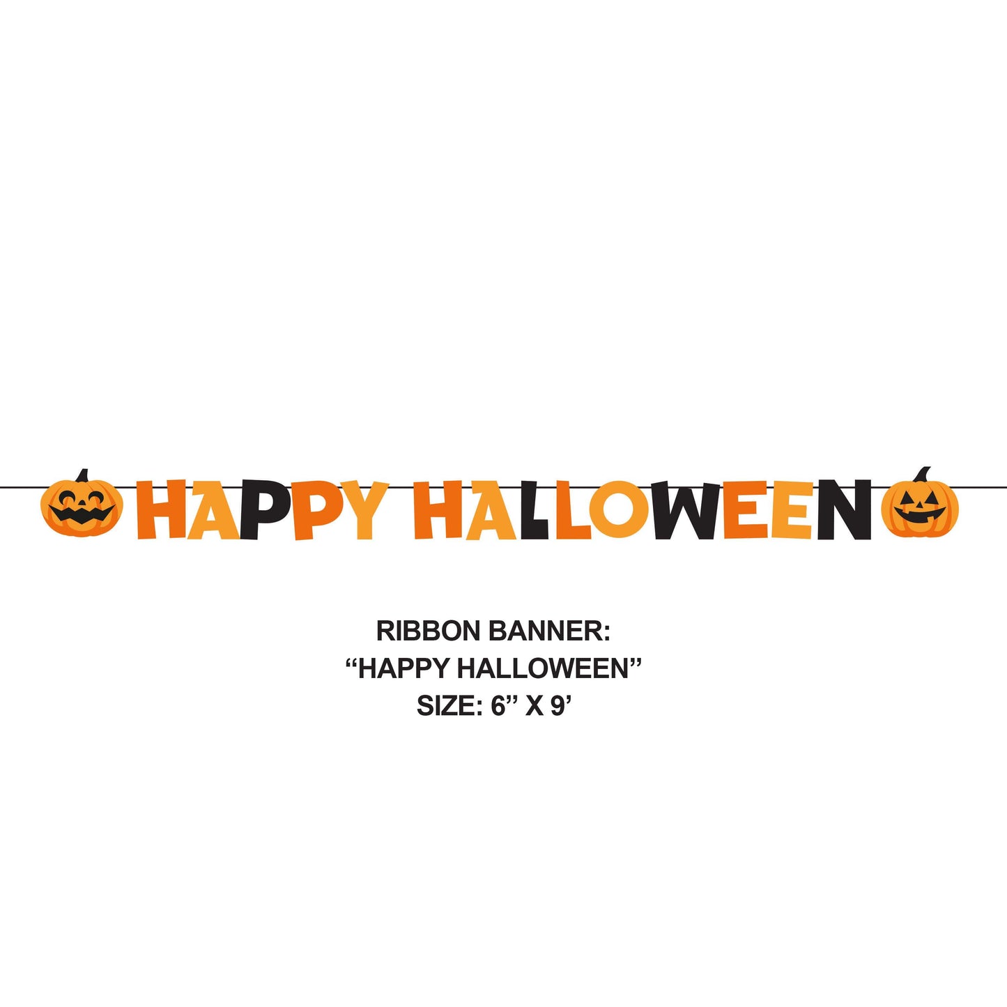 Happy Halloween Decorative Banners 12 ct. Halloween ribbon banner with 'Happy Halloween' text and jack-o'-lantern designs on a white background.