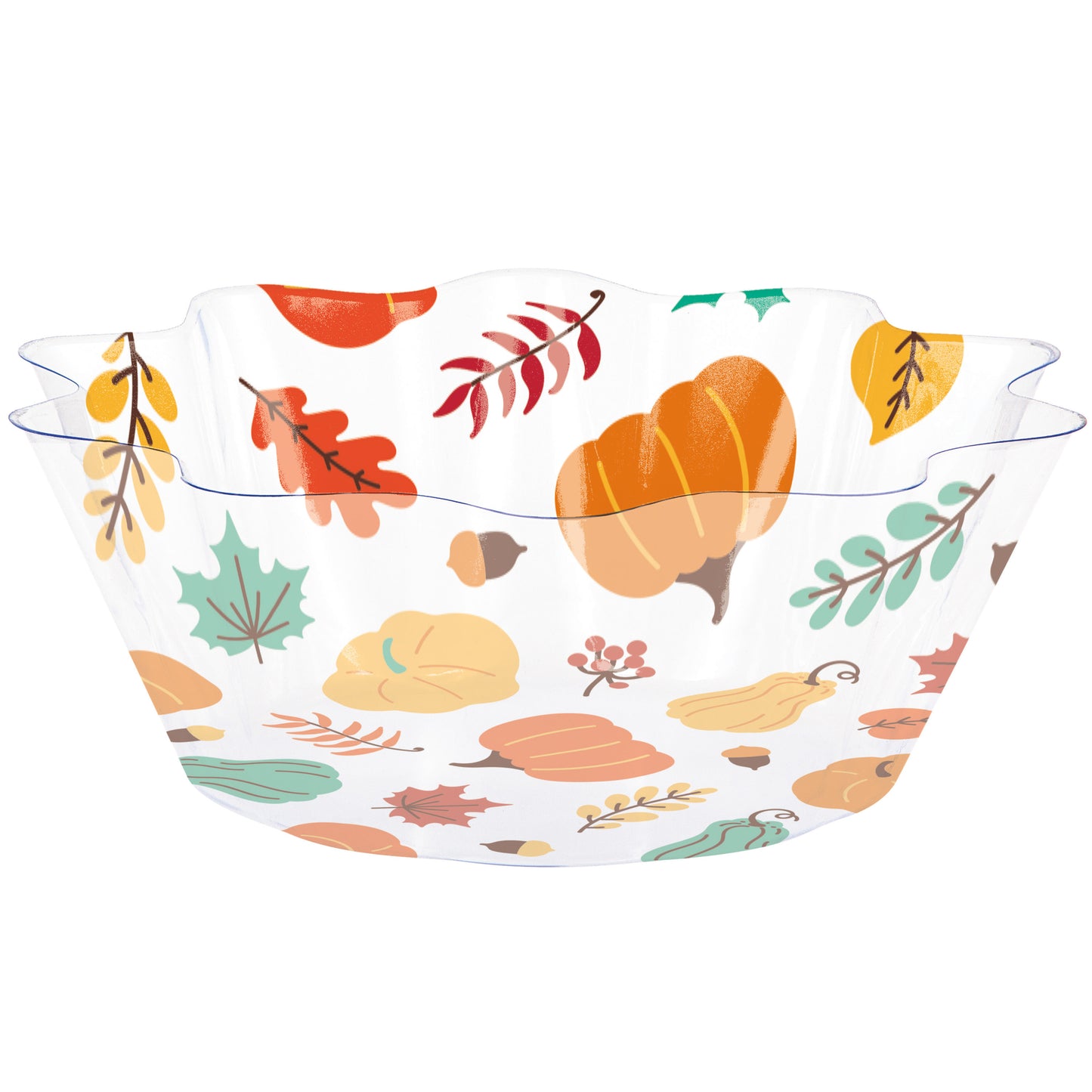 Fall Harvest Plastic Fluted Bowls 12 ct. Clear plastic serving bowl with autumn-themed design on a white background