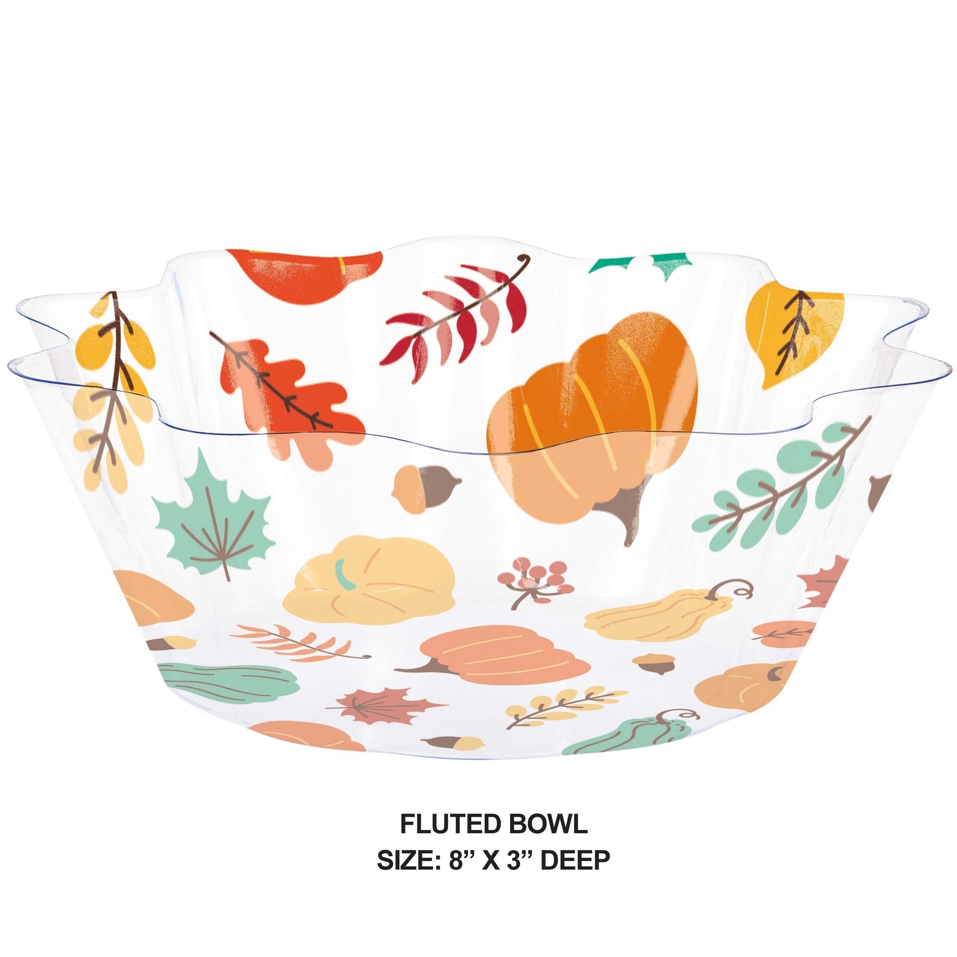 Fall Harvest Plastic Fluted Bowls 12 ct. Plastic fluted bowl with autumn leaf pattern on a white background with dimension sizing
