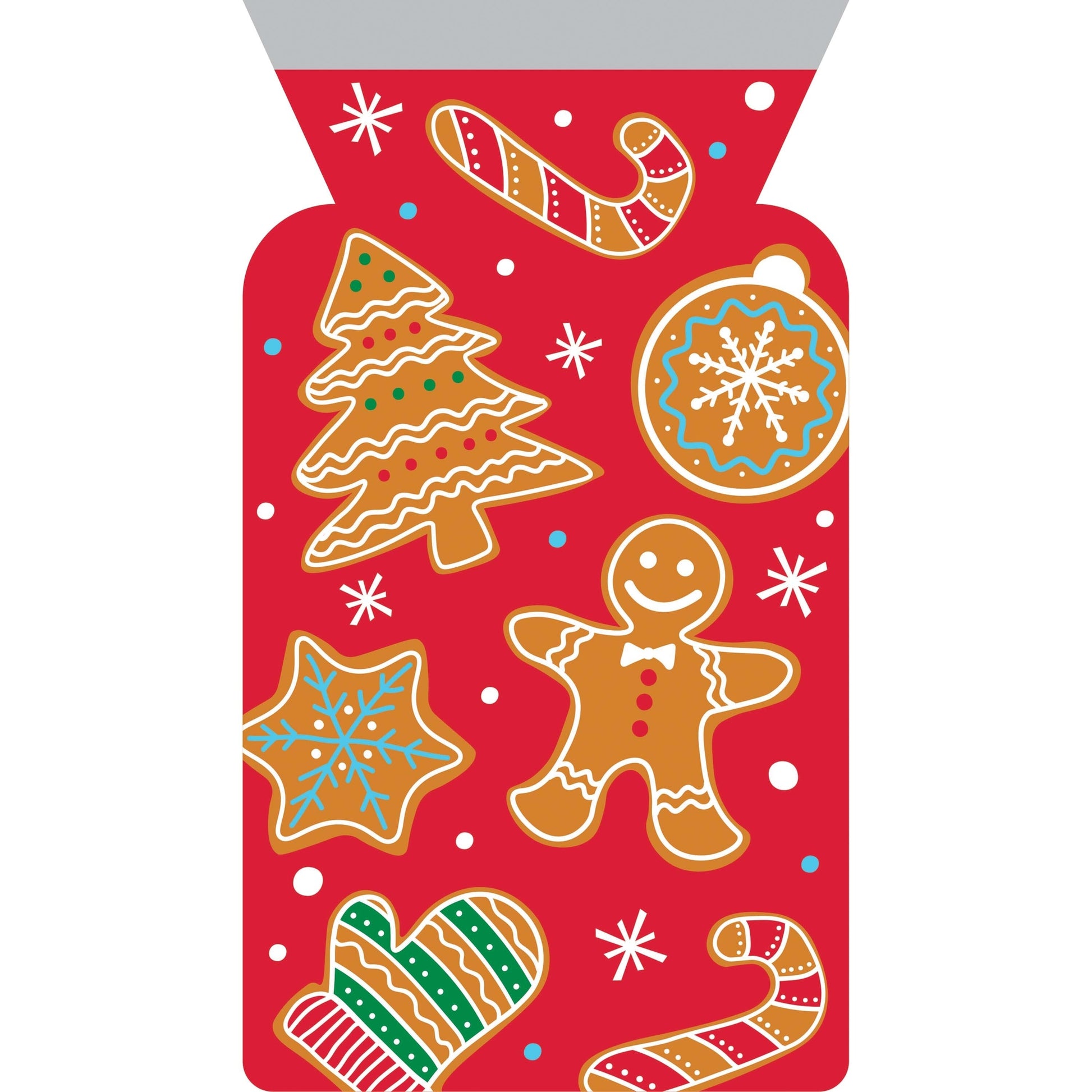Red cellophane bag with Christmas-themed cookies with a red background