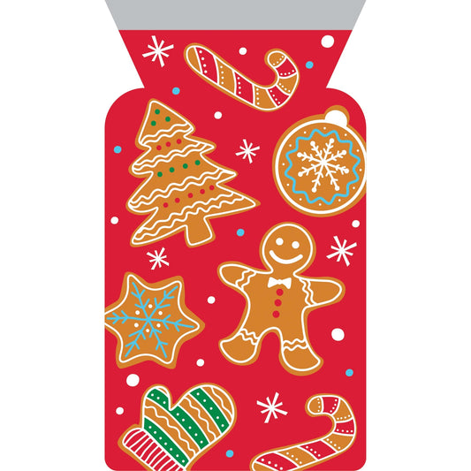 Red cellophane bag with Christmas-themed cookies with a red background