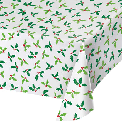White paper tablecloth with an all over Christmas holly print