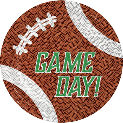 Tailgate Time Game Day Dessert Paper Plates 96 ct. Football paper plate with 'GAME DAY!' text on a white background