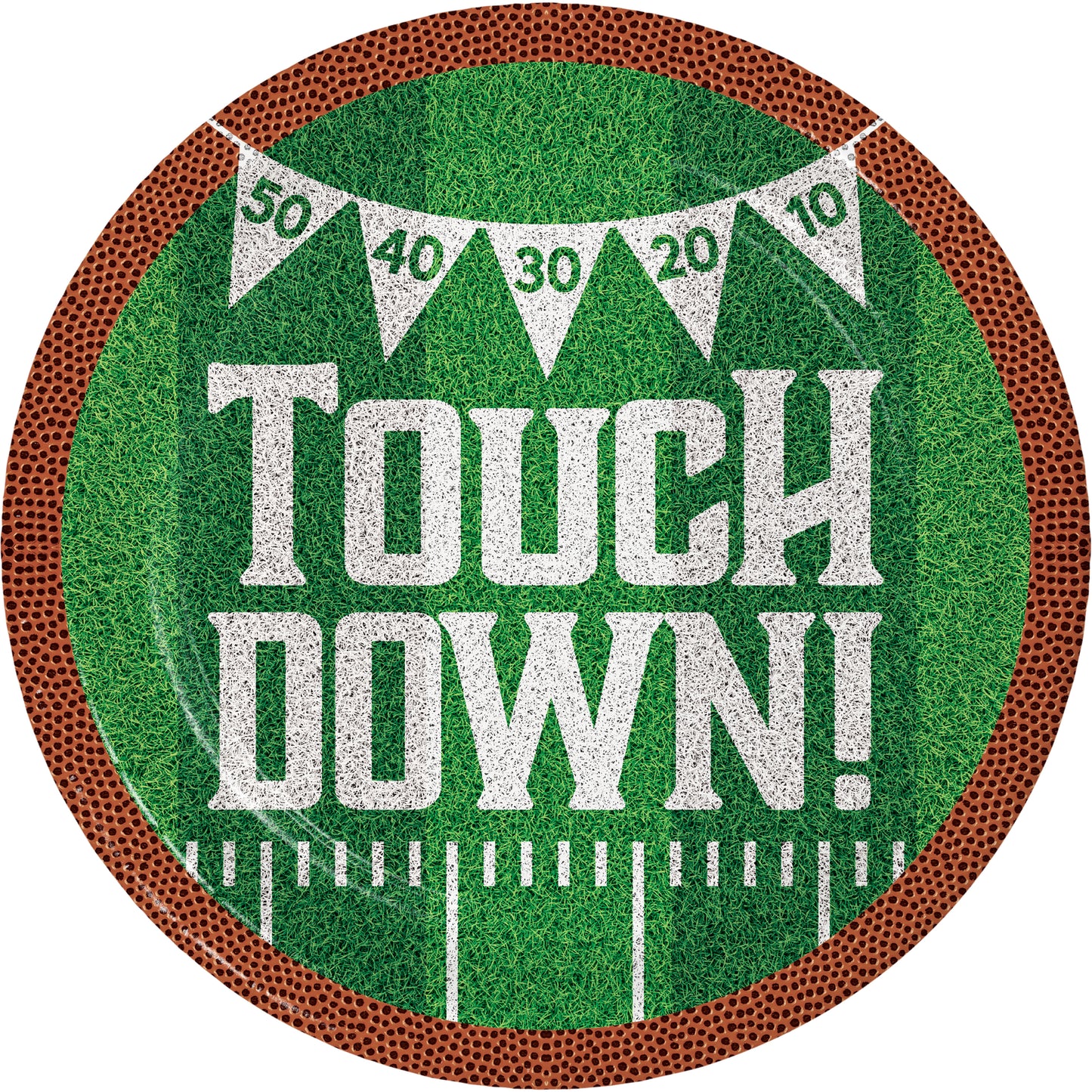 Tailgate Time Touch Down Dinner Paper Plates 96 ct. Football paper plate with "Touch Down!" written on it on a grass background with brown rim