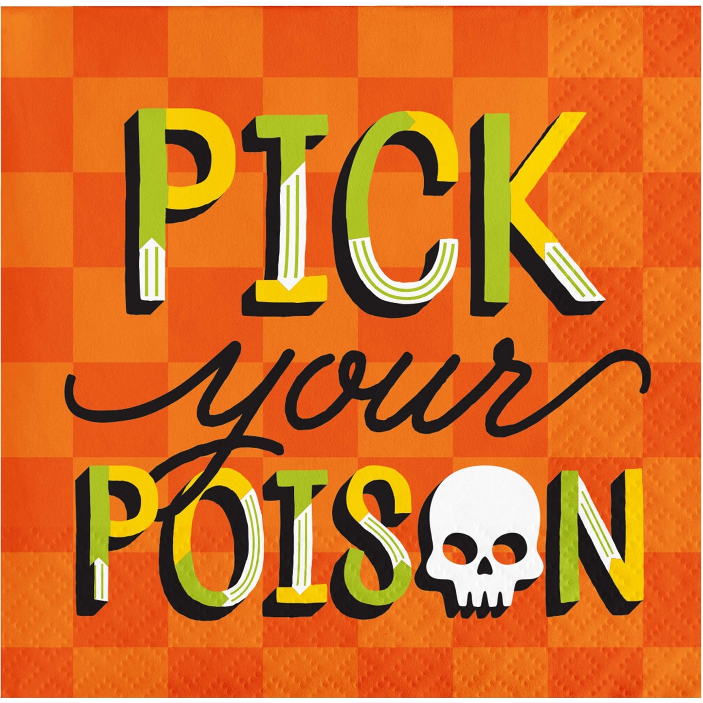 Retro Halloween Pick Your Poison Beverage Napkins 192 ct. Text 'Pick your Poison' with a skull on an orange checkered background