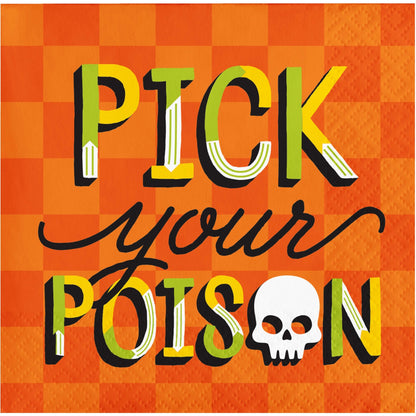 Retro Halloween Pick Your Poison Beverage Napkins 192 ct. Text 'Pick your Poison' with a skull on an orange checkered background