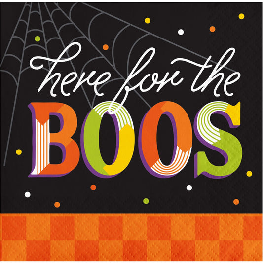 Retro Halloween Here for the Boos Beverage Napkins 192 ct. Halloween-themed paper napkin with 'here for the BOOS' text and spider web design.
