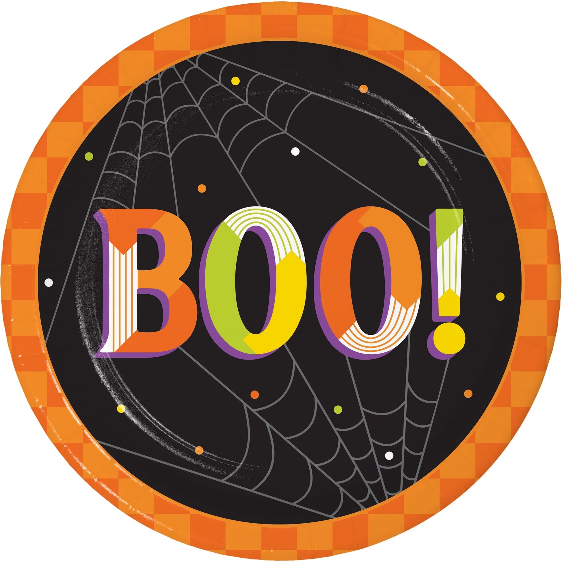Retro Halloween Boo! Dessert Paper Plates 96 ct. Halloween-themed paper plate with 'BOO!' text and spider web design.