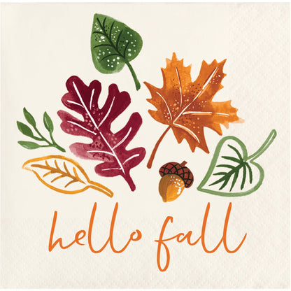 Fall Festivities Thanksgiving Beverage Napkins 192 ct. Decorative paper napkin design with autumn leaves and 'hello fall' text on a beige background