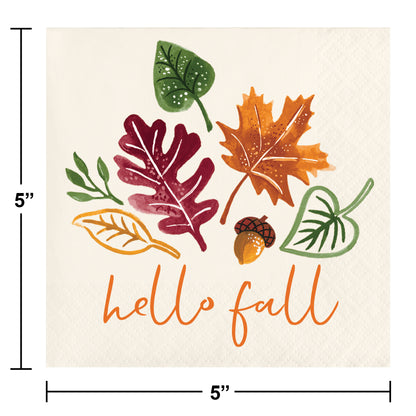 Fall Festivities Thanksgiving Beverage Napkins 192 ct. Decorative paper napkin with autumn leaves and 'hello fall' text on a beige background