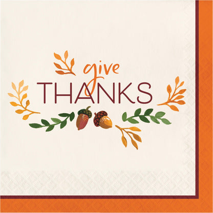 Fall Festivities Give Thanks Thanksgiving Luncheon Napkins 192 ct. Napkin with 'give THANKS' text and autumn-themed graphics on a white background