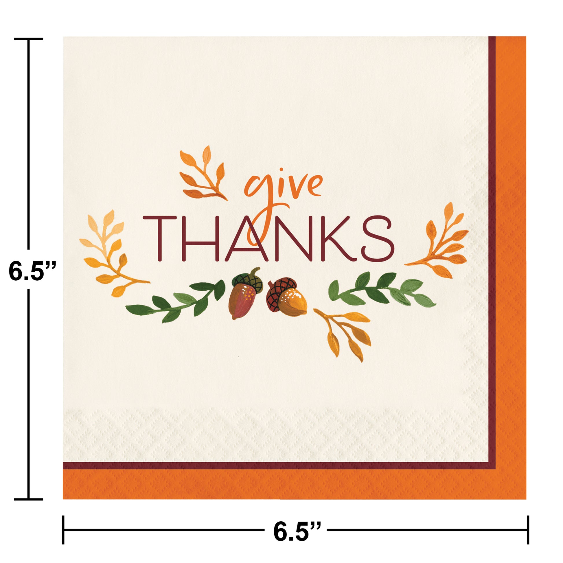 Fall Festivities Give Thanks Thanksgiving Luncheon Napkins 192 ct. Napkin with 'give THANKS' text and autumnal design, dimensions shown.