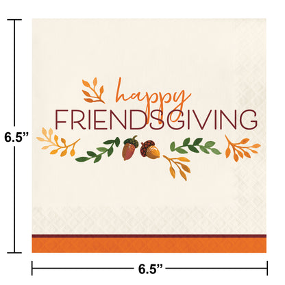 Fall Festivities Happy Friendsgiving Thanksgiving Luncheon Napkins 192 ct. Party napkin with 'Happy Friendsgiving' text and autumnal design, dimensions shown.