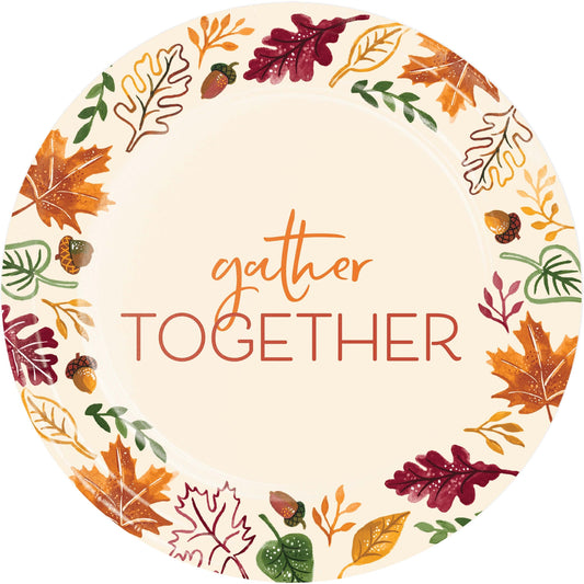 Fall Festivities Gather Together Thanksgiving Dinner Paper Plates 96 ct. Round paper plate with autumn leaf design and 'gather together' text on a white background