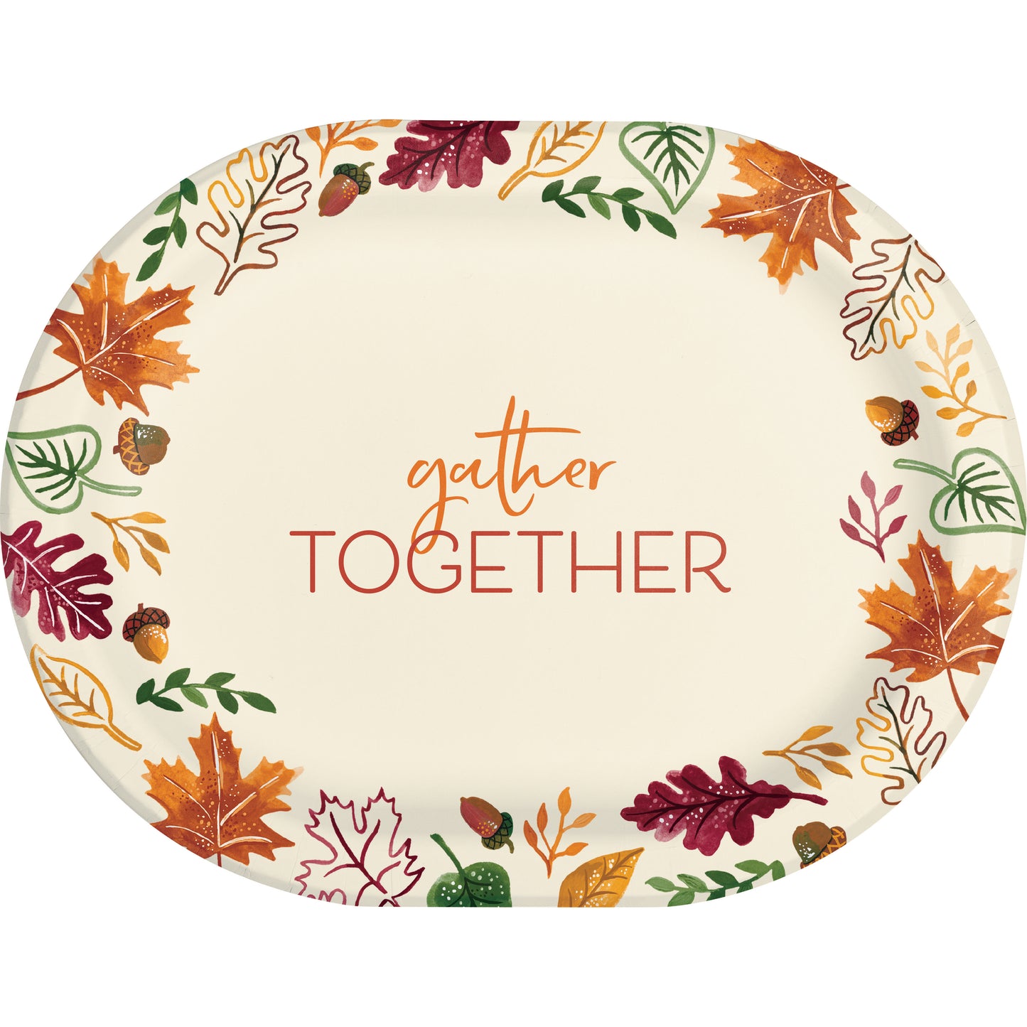 Fall Festivities Gather Together Oval Dinner Paper Plates 96 ct. Round paper plate with autumn leaf design and 'gather together' text on a white background