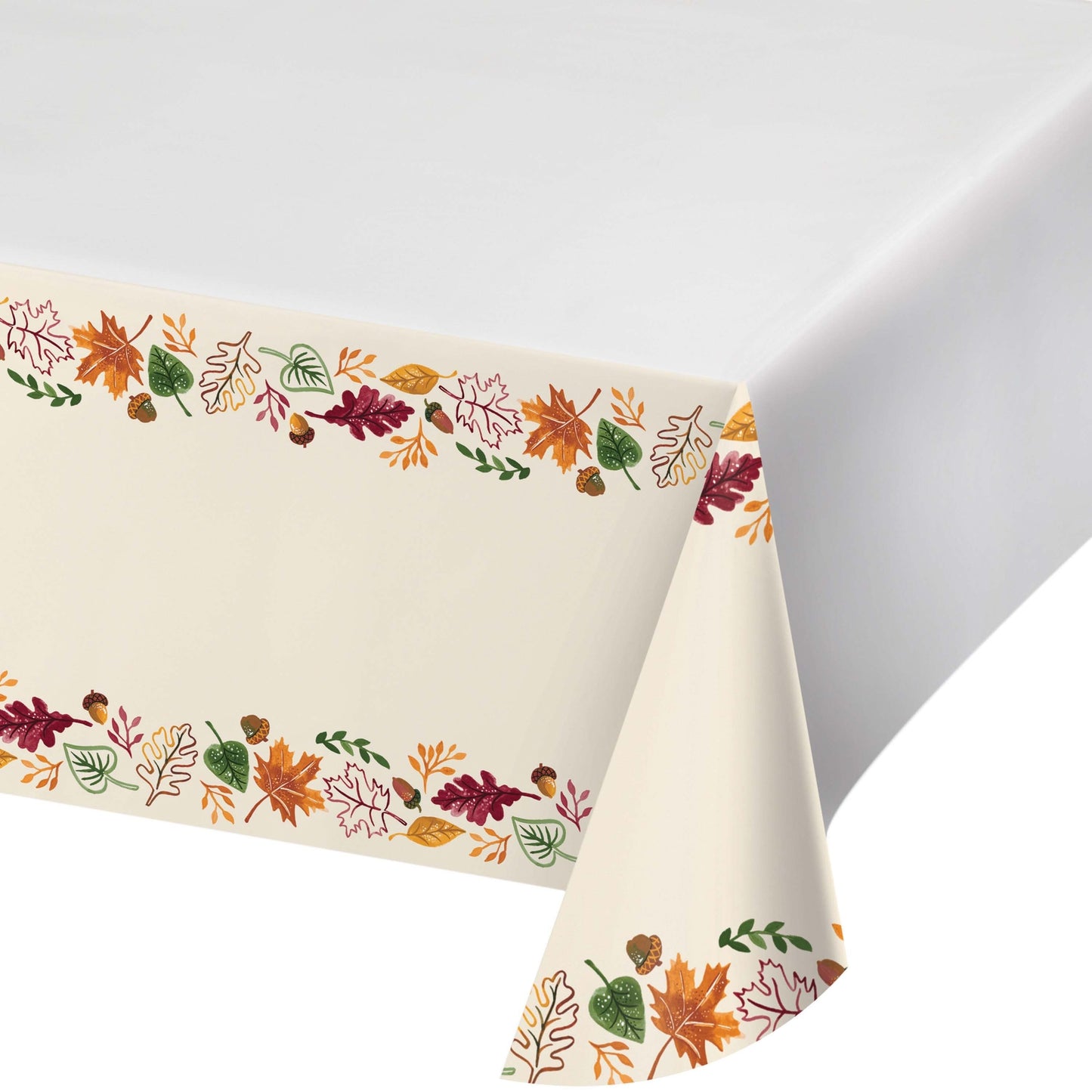 Fall Festivities Thanksgiving Paper Tablecloths 12 ct. Paper tablecloth with autumn leaf pattern on a white background