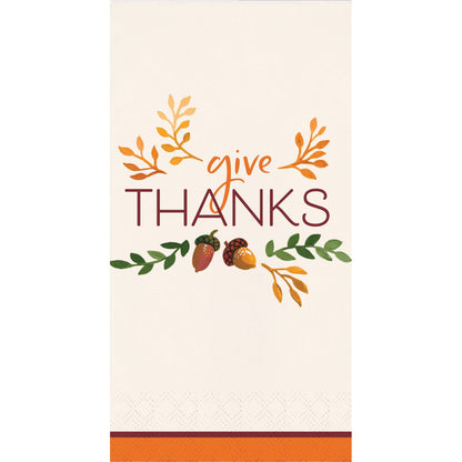 Fall Festivities Give Thanks Thanksgiving Dinner Napkins 192 ct. Decorative paper napkin with 'give THANKS' text and autumnal elements on a white background
