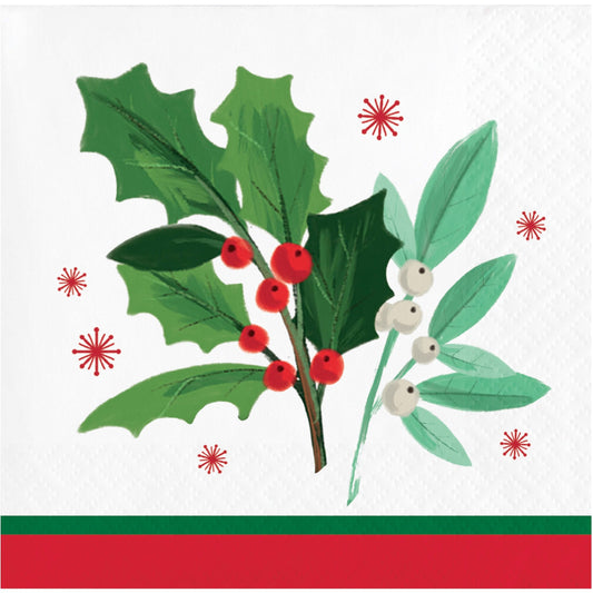 Paper napkin featuring a decorative design with holly leaves and berries on a white background